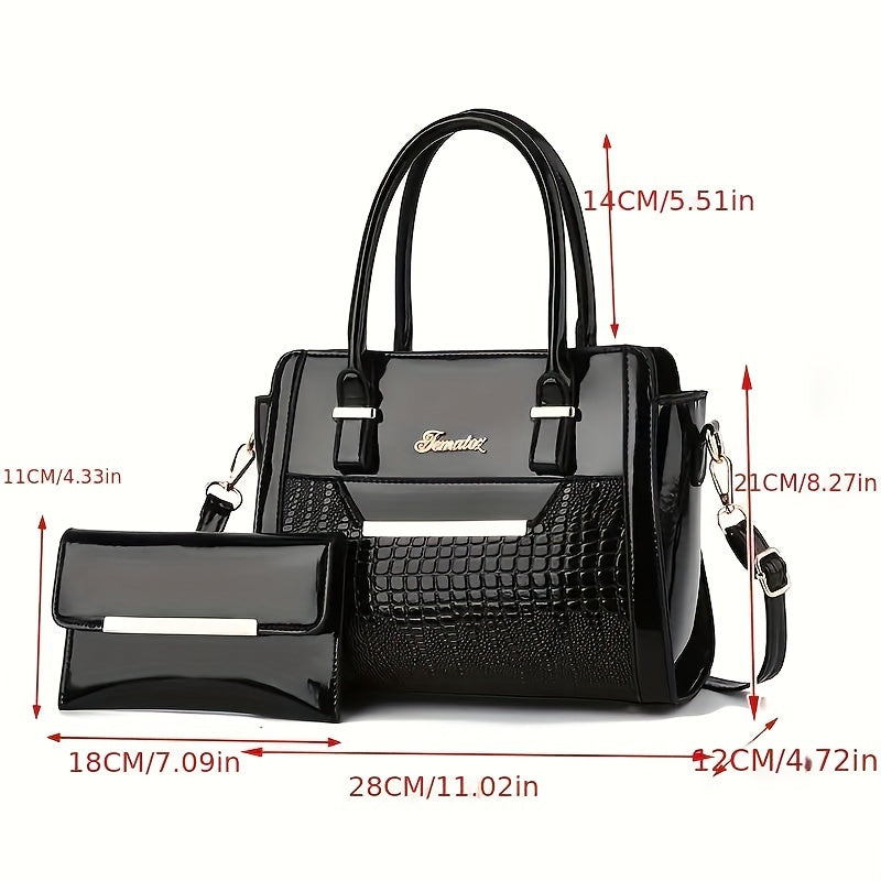 Conjunto Feminino 2 Bolsas Croco – Tote + Clutch em PU com Top-Handle & Alça Ombro