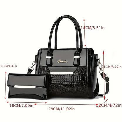 Conjunto Feminino 2 Bolsas Croco – Tote + Clutch em PU com Top-Handle & Alça Ombro