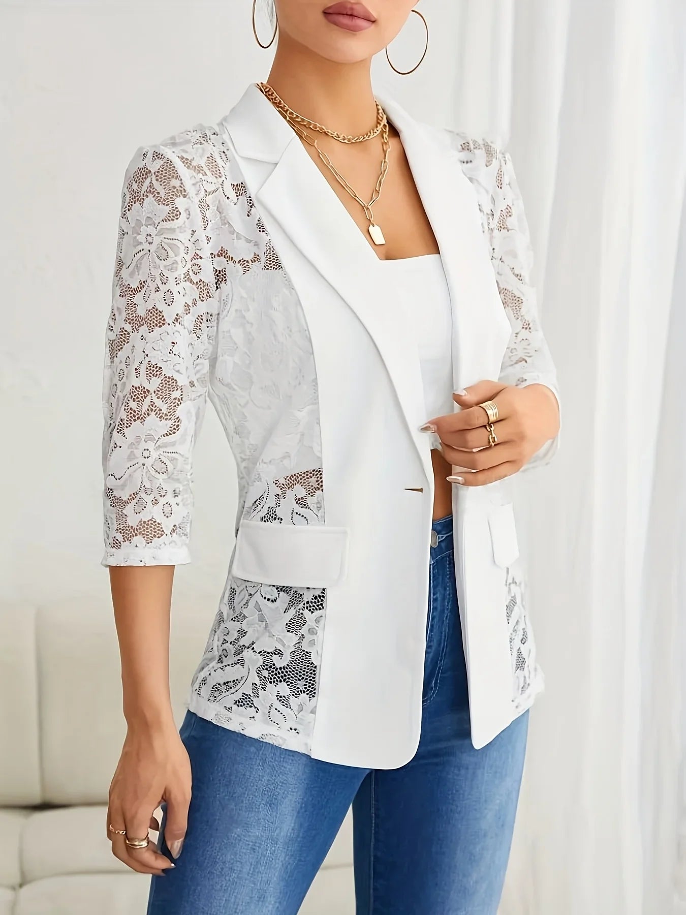 Blazer de Renda Sheer Feminino – Corte Aberto, Mangas ¾
